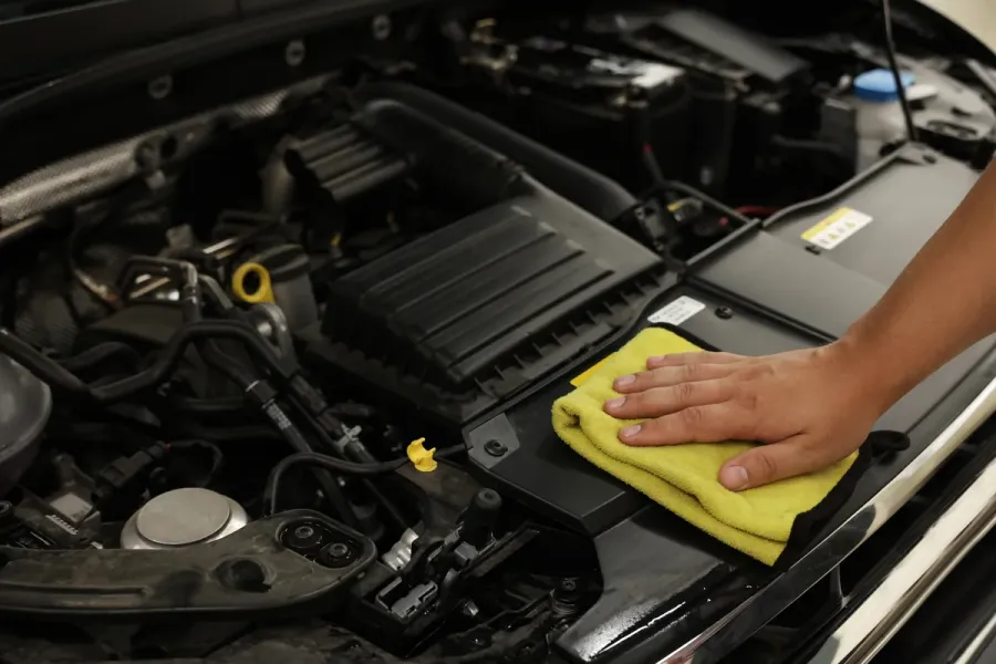 Motorabdeckung wird mit einem gelben Mikrofasertuch trocken gewischt