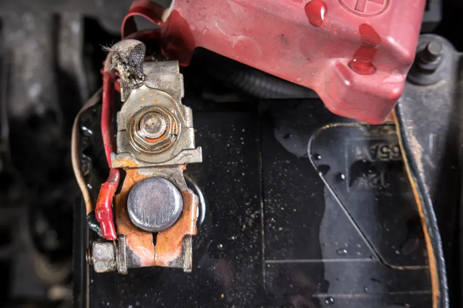 Korrodierter Batteriepol im Motorraum als Beispiel für Korrosion an blanken Metallteilen